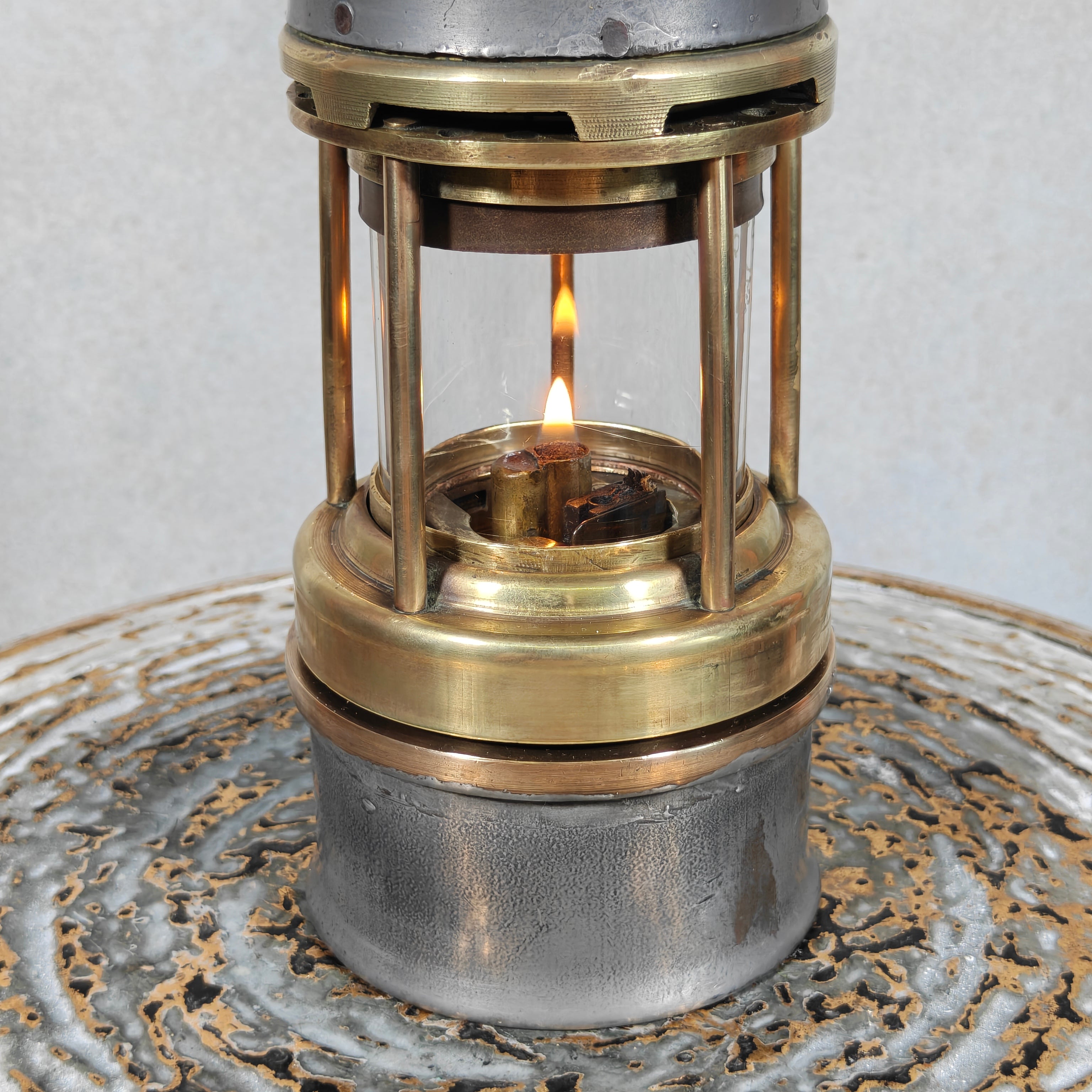 Antique Master Miner’s Lamp with Val Saint Lambert D.S.4 Glass – Oil Mining Lamp circa 1900