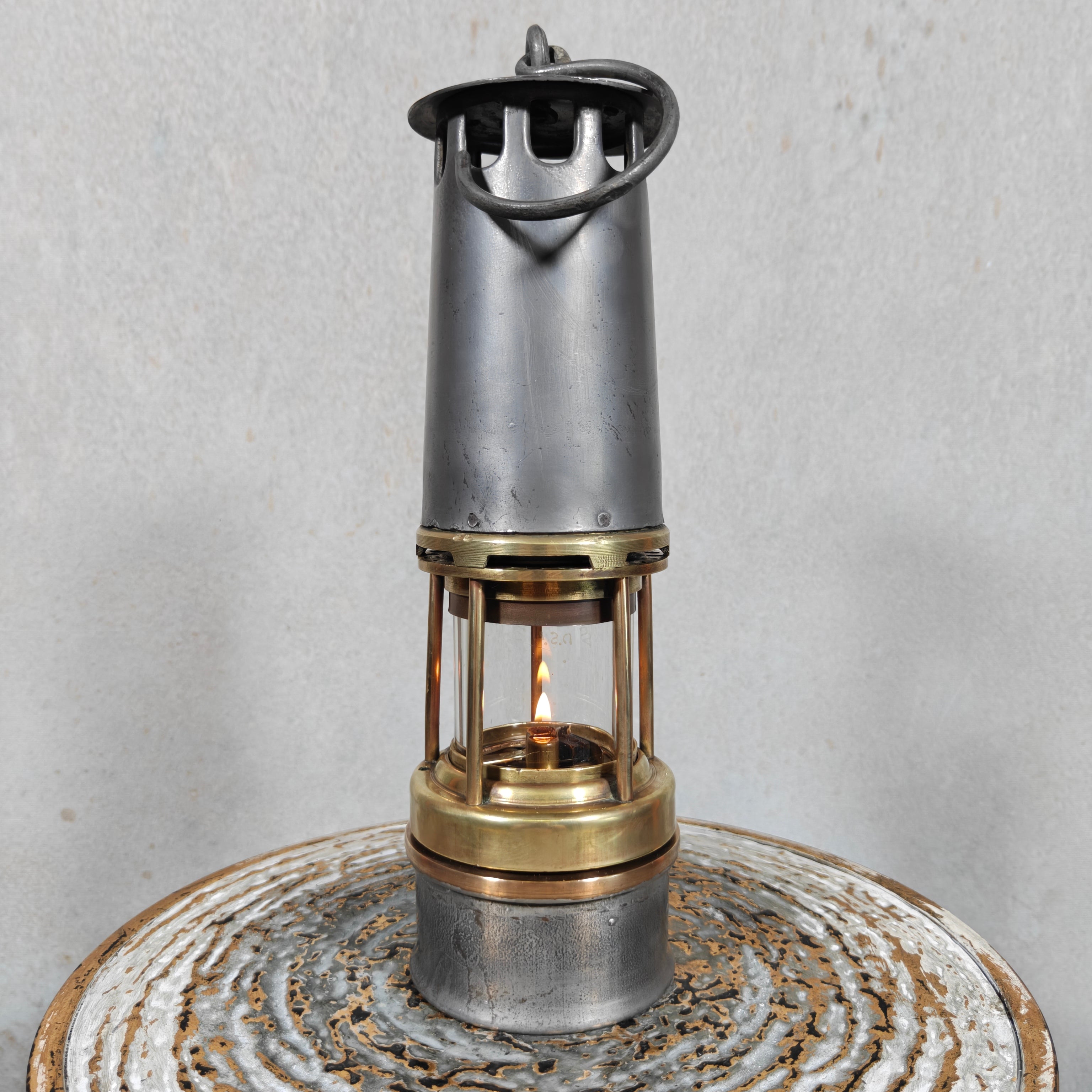 Antique Master Miner’s Lamp with Val Saint Lambert D.S.4 Glass – Oil Mining Lamp circa 1900