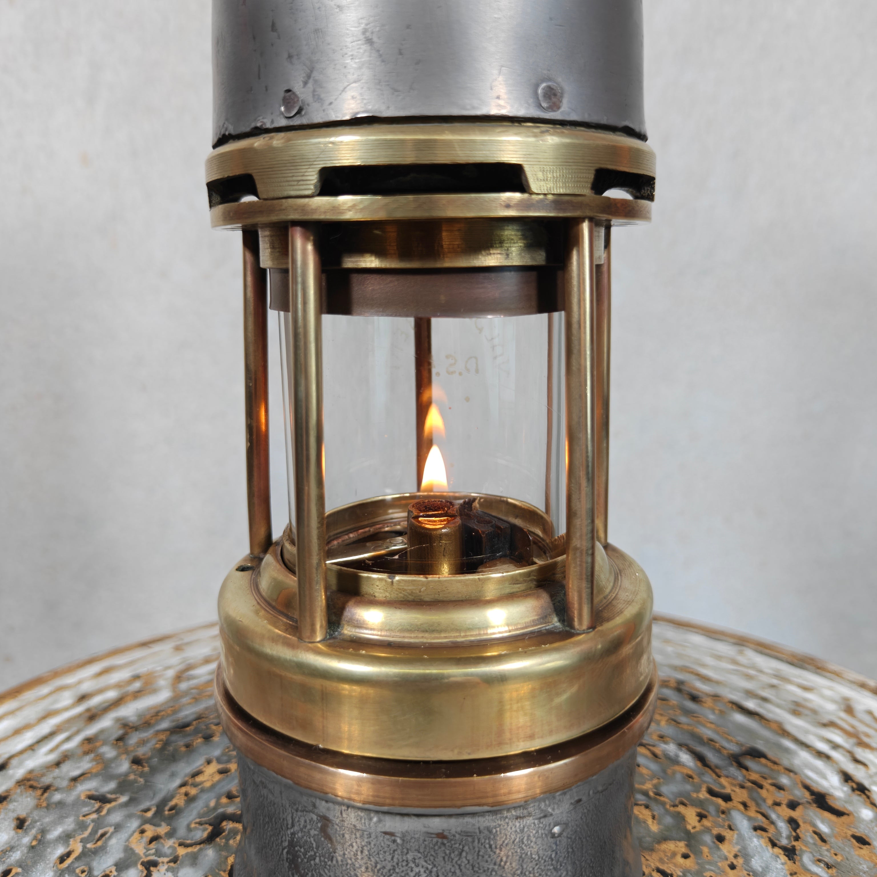 Antique Master Miner’s Lamp with Val Saint Lambert D.S.4 Glass – Oil Mining Lamp circa 1900