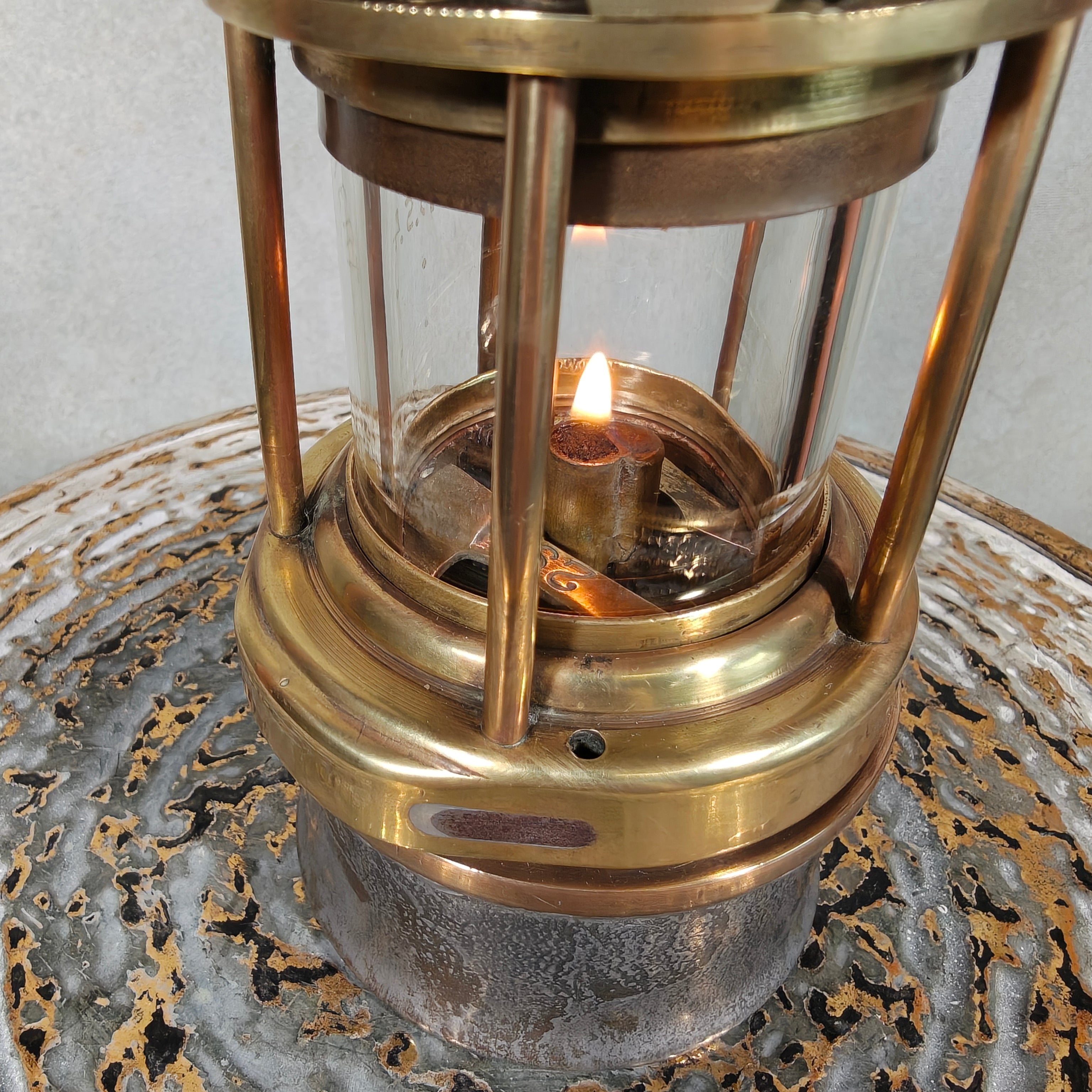 Antique Master Miner’s Lamp with Val Saint Lambert D.S.4 Glass – Oil Mining Lamp circa 1900