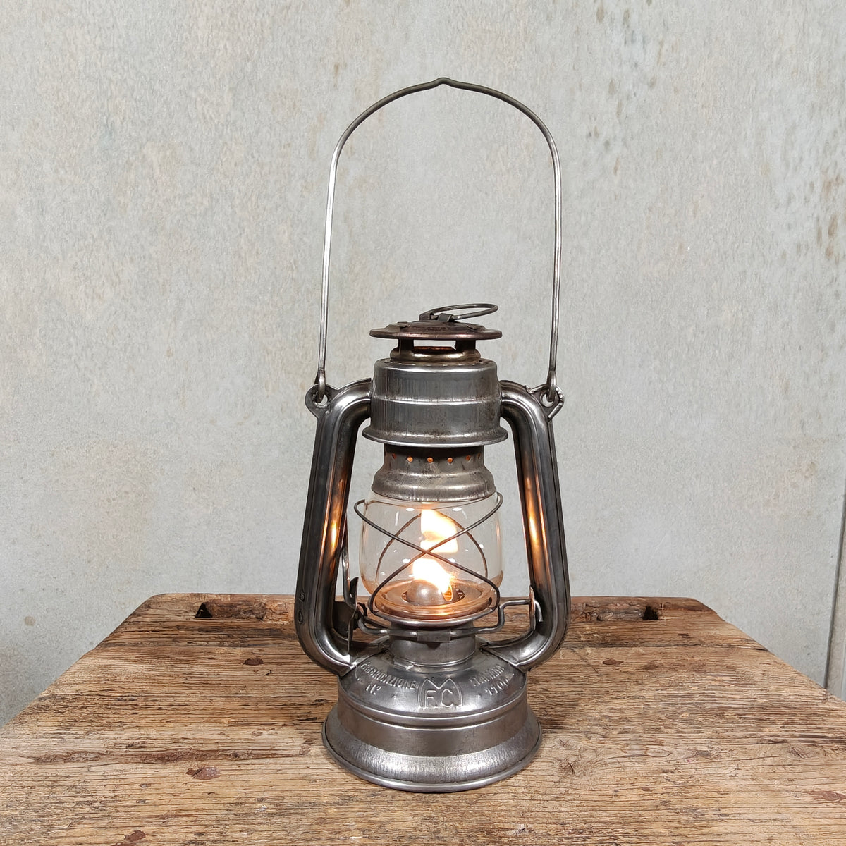 Rare Fratelli Cigada 1100 Hurricane Lantern – Italy, 1950s – Working, German Jenaer Glass Globe, Italian Copy of the Feuerhand 175