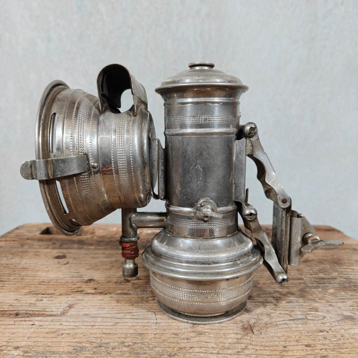 Unusual Antique Carbide Bicycle Lamp with Fly Logo – Nickel, c. 1900–1920 – Side-Mounted Tap