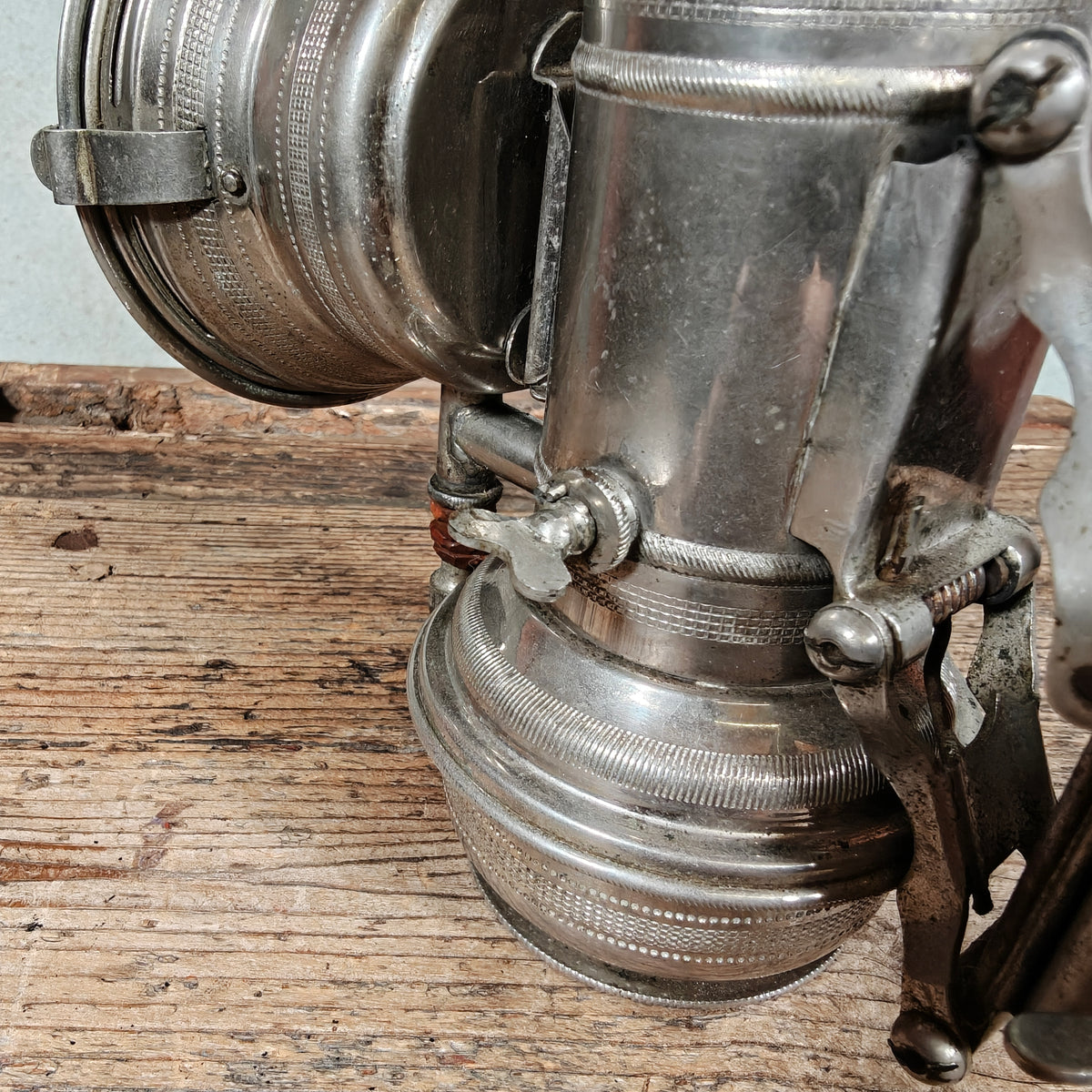 Unusual Antique Carbide Bicycle Lamp with Fly Logo – Nickel, c. 1900–1920 – Side-Mounted Tap