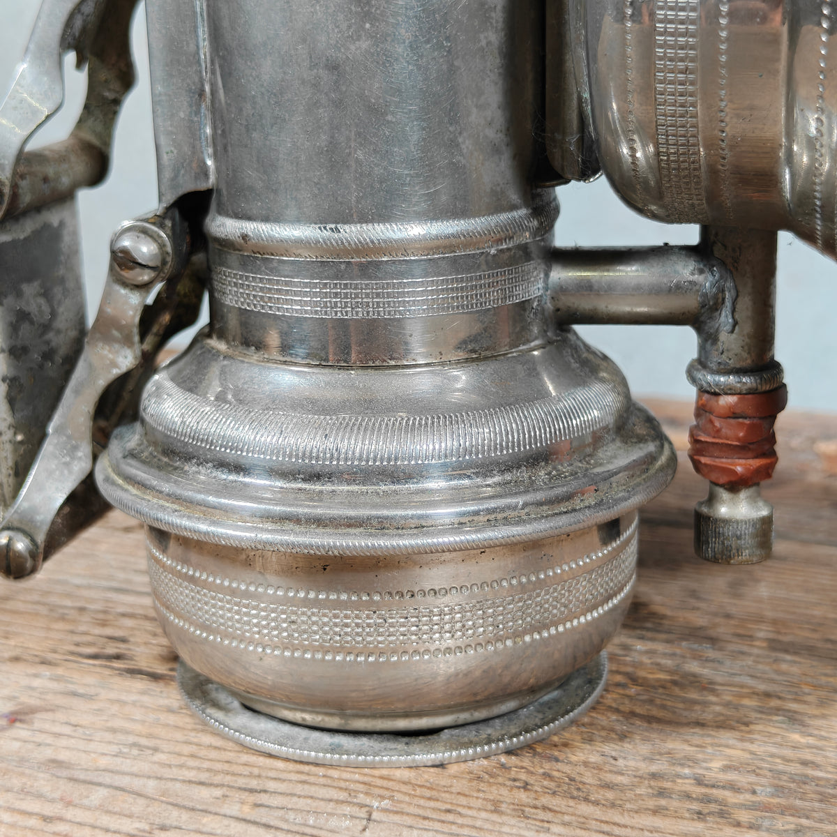 Unusual Antique Carbide Bicycle Lamp with Fly Logo – Nickel, c. 1900–1920 – Side-Mounted Tap