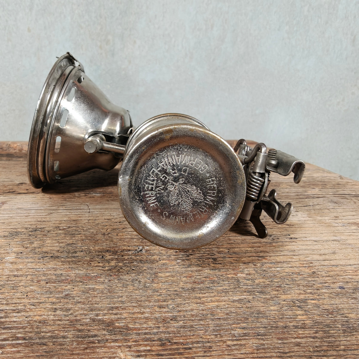 Antique Carbide Bicycle Lamp Herm. Riemann's Favorit No. 270B – Chemnitz-Gablenz, c. 1900–1920 – Nickel, Oak Leaf and DRGM