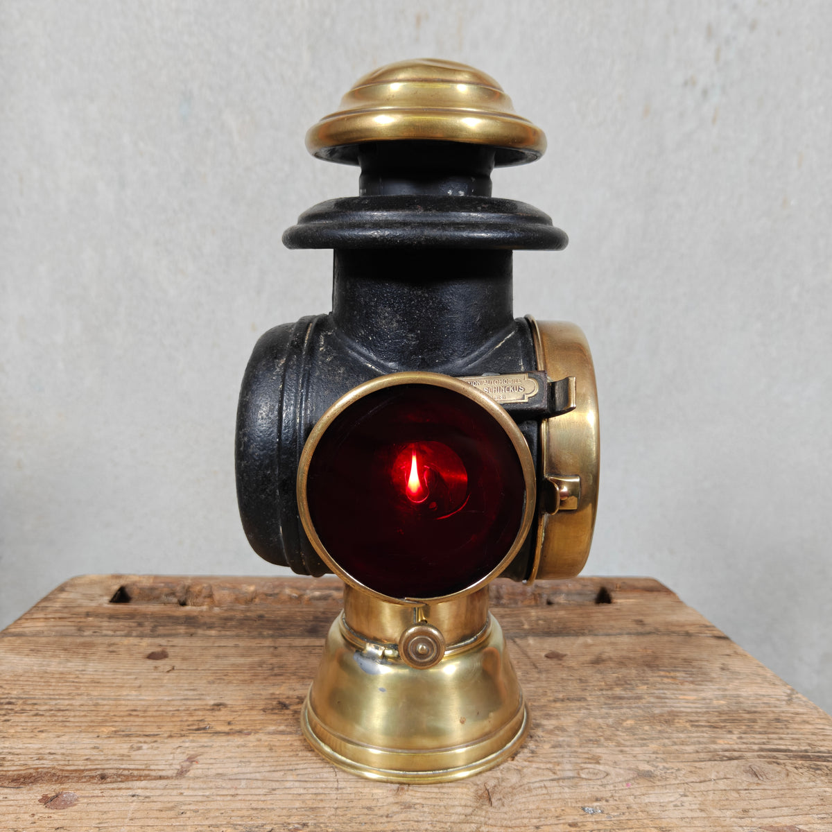 Antique Belgian Car Lamp Innovation Automobile – Dethoor et Schinckus, Brussels, c. 1900–1915 – Working Kerosene Lamp with Red Side Lens
