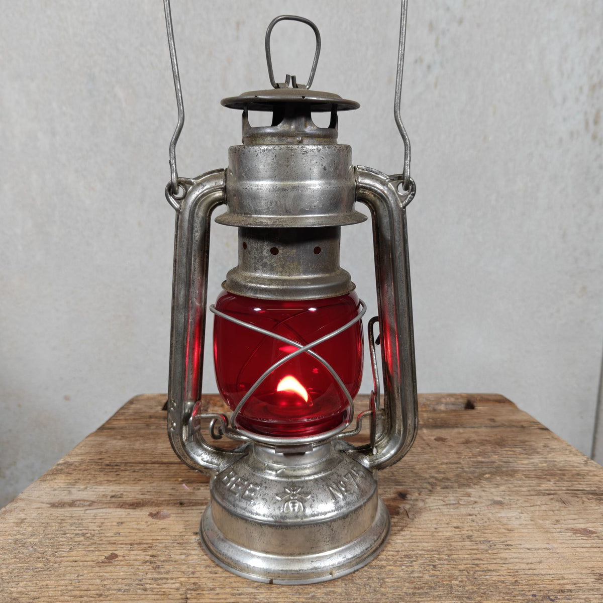 Vintage Bee No 75 Hurricane Lantern with Red Globe – Export Version of the BAT 158 – 1960s