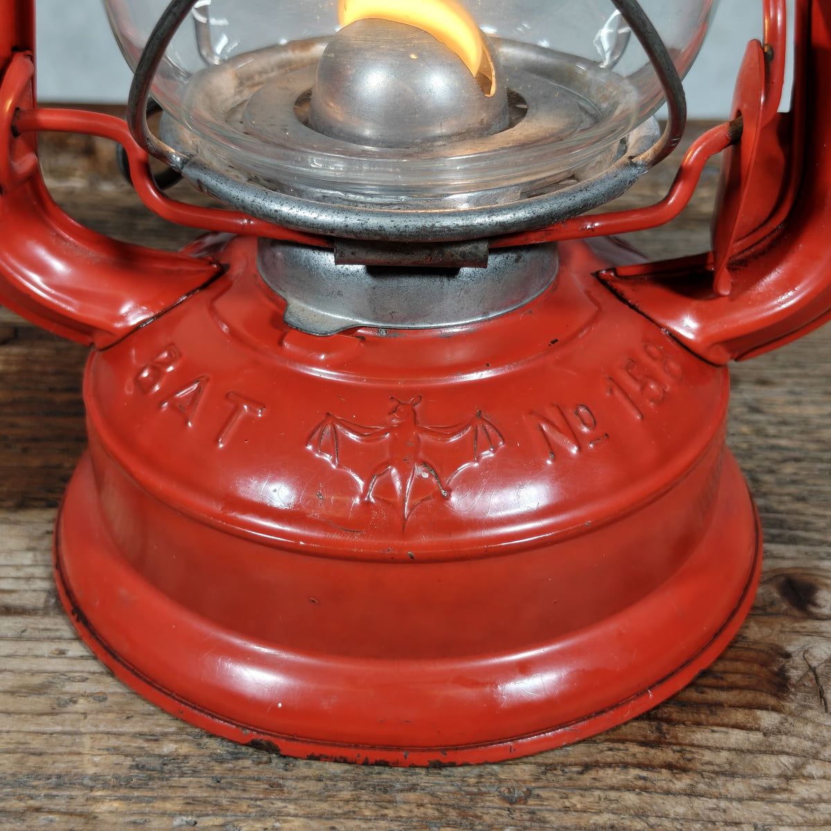 Rare BAT 158 Hurricane Lantern in Original Red Paint – Marked BAT 158 on Both Sides – 1960s, Working
