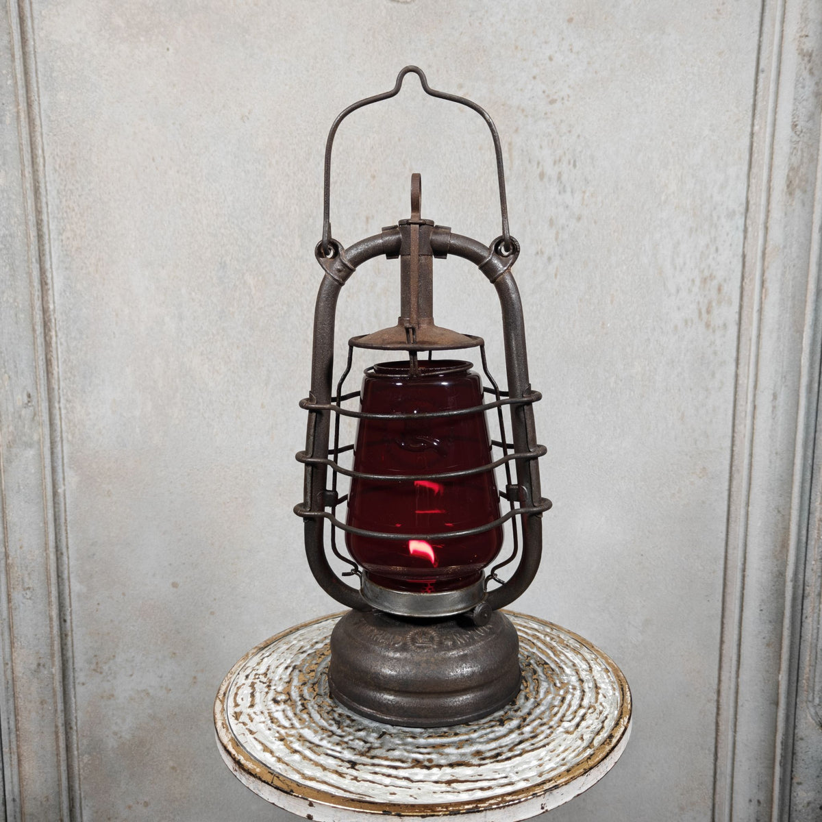 Beautiful Feuerhand 201 Hurricane Lantern from the 1920s, with Rare Red Glass Bearing the Feuerhand Logo