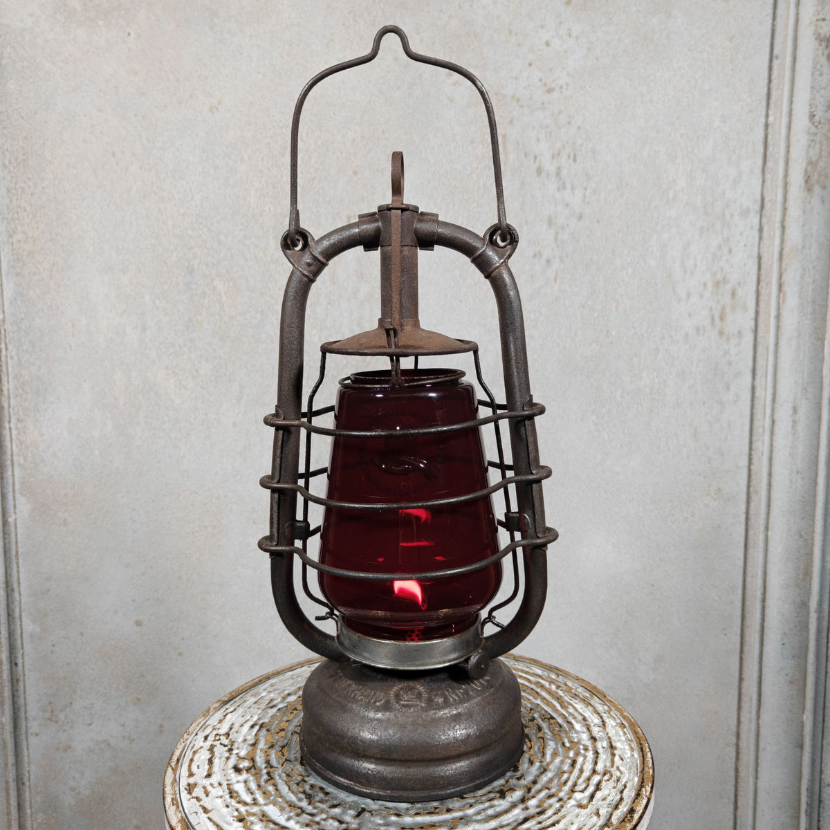 Beautiful Feuerhand 201 Hurricane Lantern from the 1920s, with Rare Red Glass Bearing the Feuerhand Logo