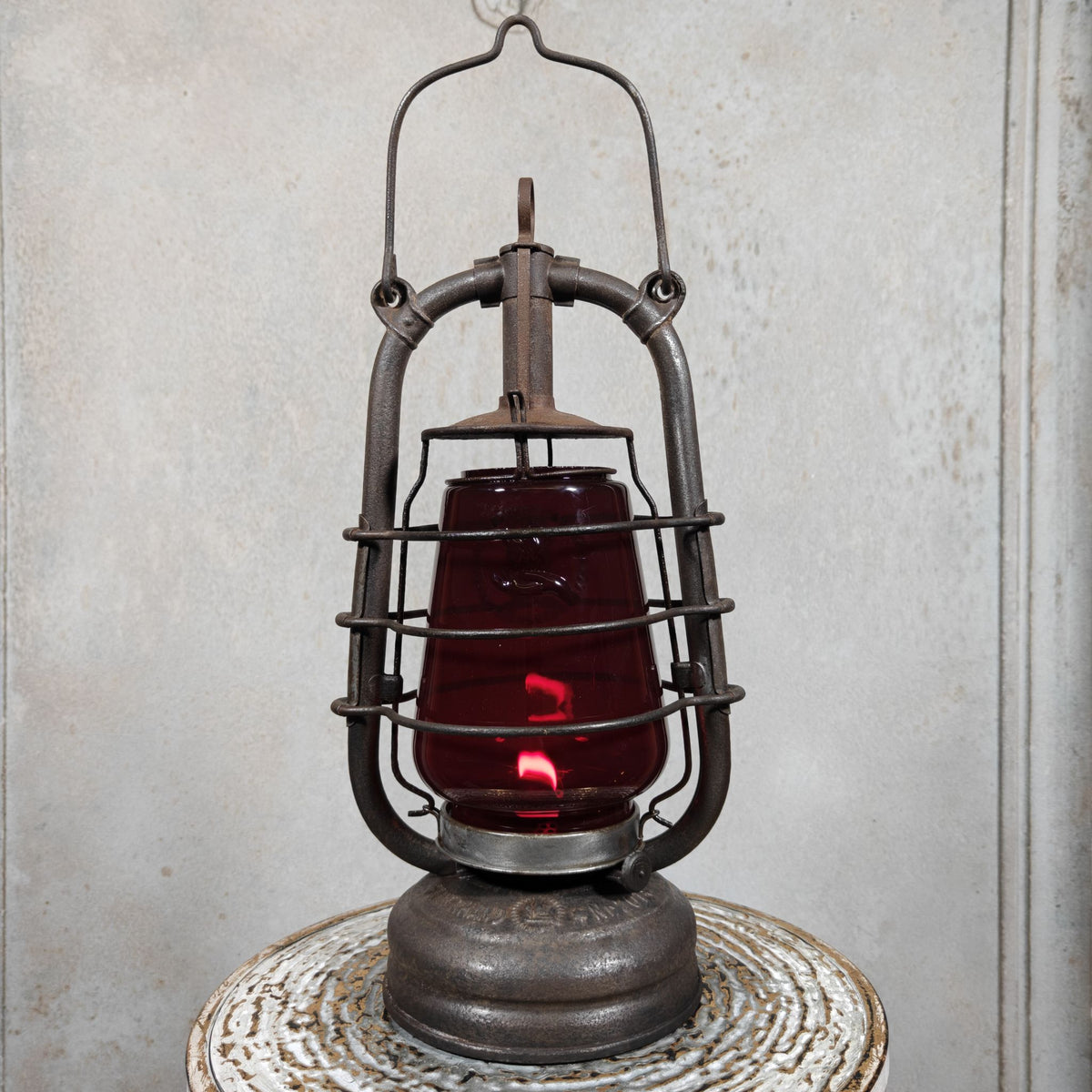 Beautiful Feuerhand 201 Hurricane Lantern from the 1920s, with Rare Red Glass Bearing the Feuerhand Logo