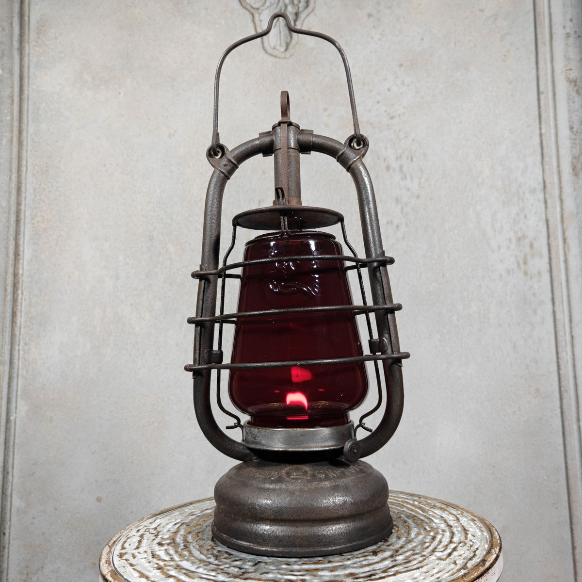 Beautiful Feuerhand 201 Hurricane Lantern from the 1920s, with Rare Red Glass Bearing the Feuerhand Logo