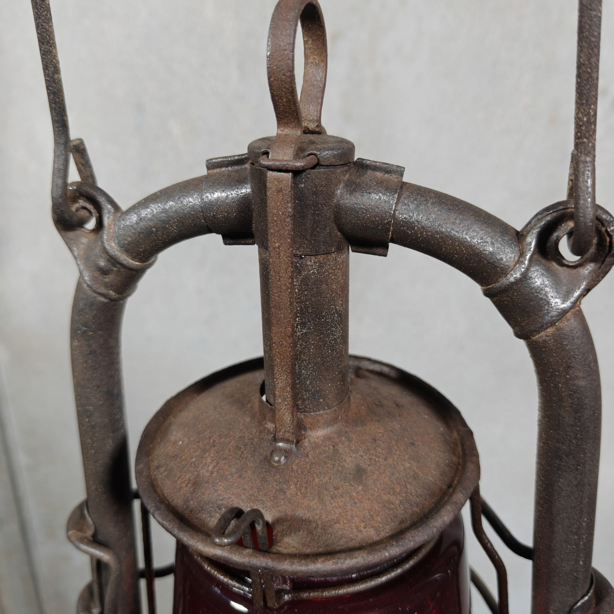 Beautiful Feuerhand 201 Hurricane Lantern from the 1920s, with Rare Red Glass Bearing the Feuerhand Logo