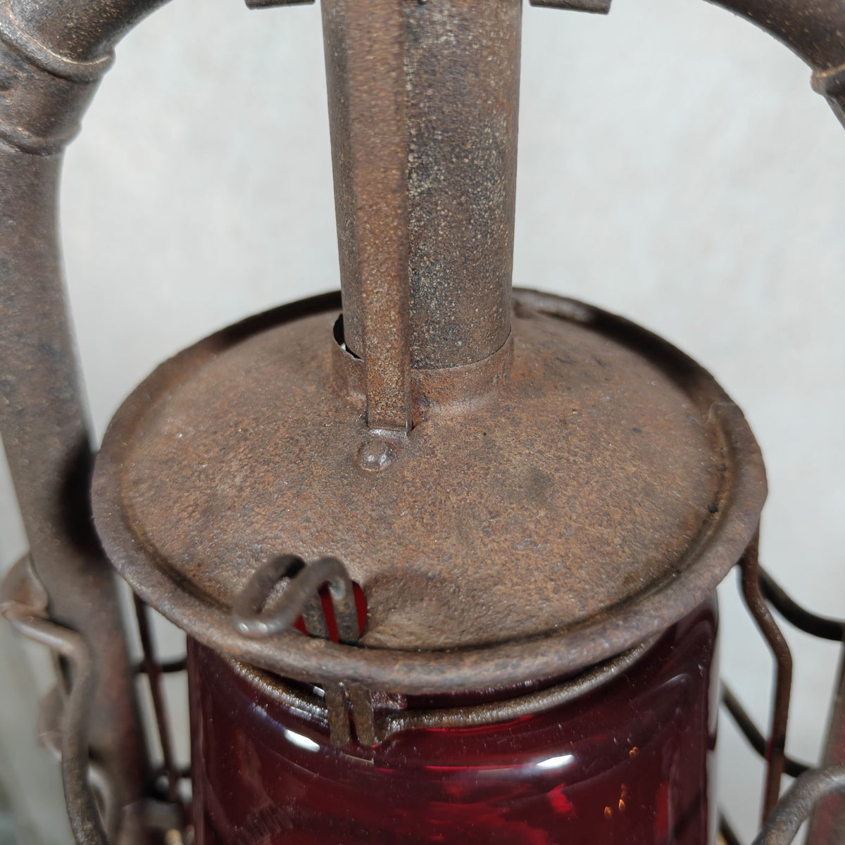 Beautiful Feuerhand 201 Hurricane Lantern from the 1920s, with Rare Red Glass Bearing the Feuerhand Logo