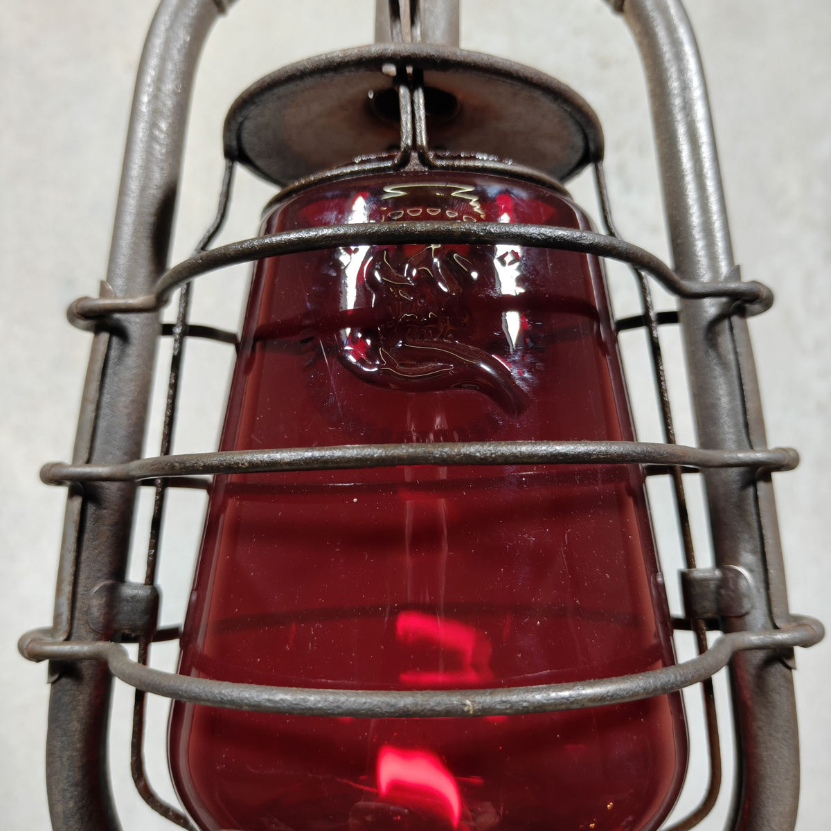 Beautiful Feuerhand 201 Hurricane Lantern from the 1920s, with Rare Red Glass Bearing the Feuerhand Logo