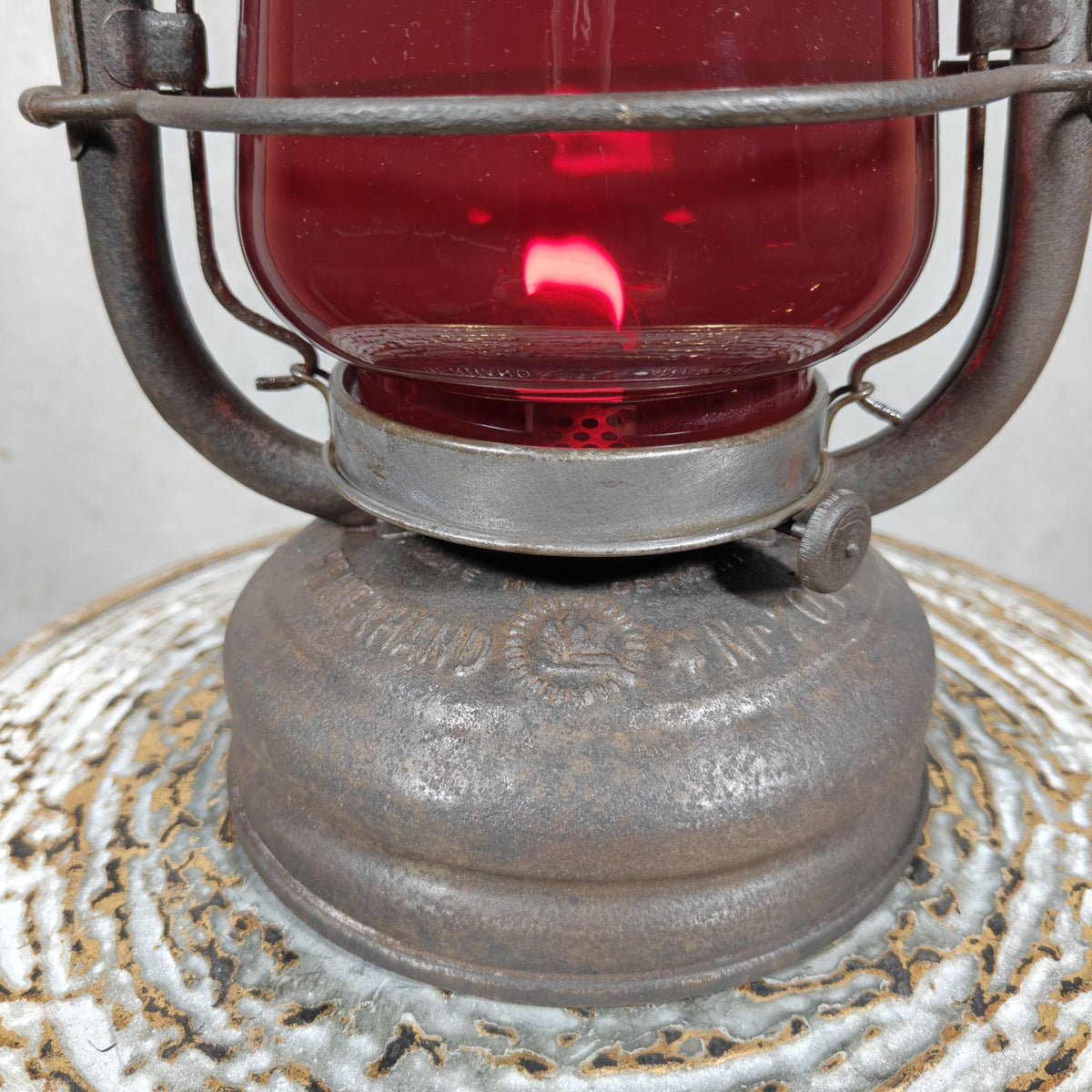 Beautiful Feuerhand 201 Hurricane Lantern from the 1920s, with Rare Red Glass Bearing the Feuerhand Logo