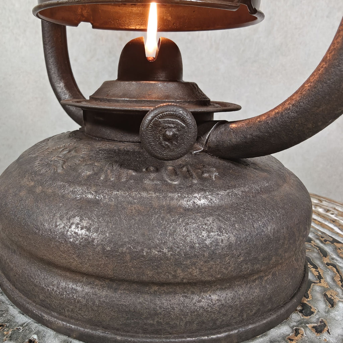 Beautiful Feuerhand 201 Hurricane Lantern from the 1920s, with Rare Red Glass Bearing the Feuerhand Logo