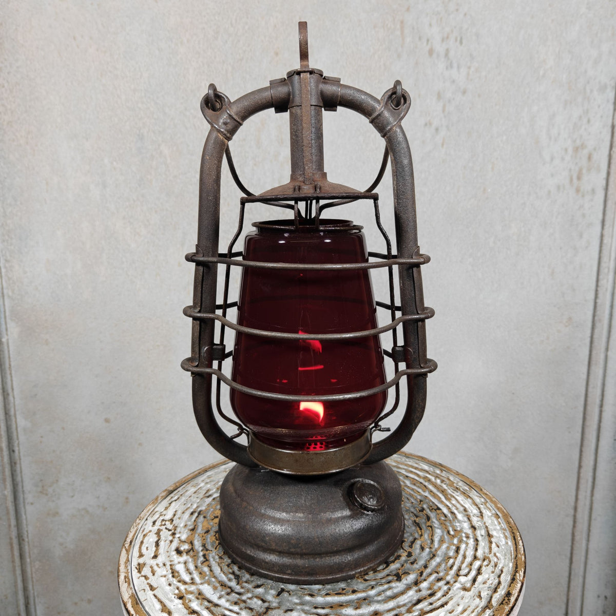 Beautiful Feuerhand 201 Hurricane Lantern from the 1920s, with Rare Red Glass Bearing the Feuerhand Logo