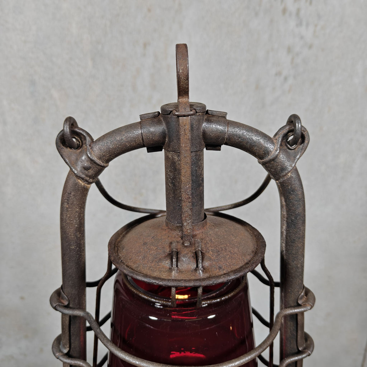 Beautiful Feuerhand 201 Hurricane Lantern from the 1920s, with Rare Red Glass Bearing the Feuerhand Logo