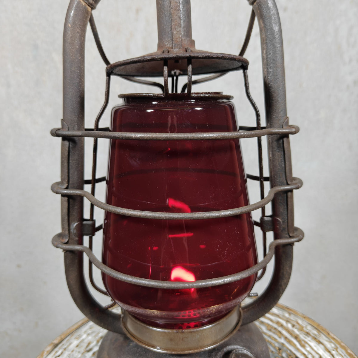 Beautiful Feuerhand 201 Hurricane Lantern from the 1920s, with Rare Red Glass Bearing the Feuerhand Logo