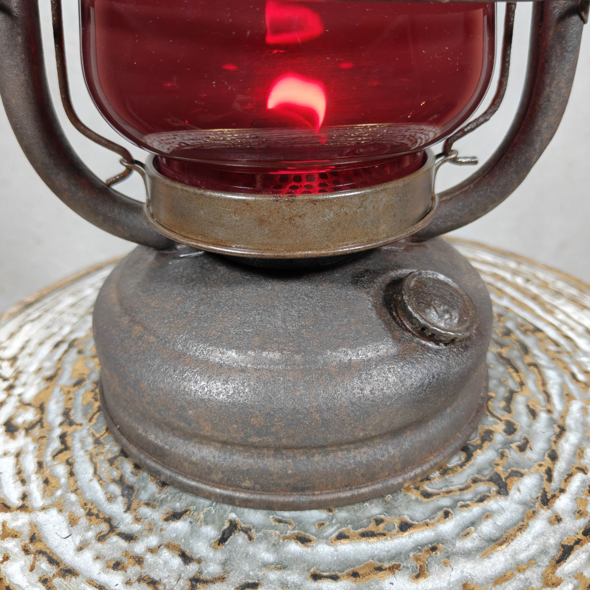 Beautiful Feuerhand 201 Hurricane Lantern from the 1920s, with Rare Red Glass Bearing the Feuerhand Logo