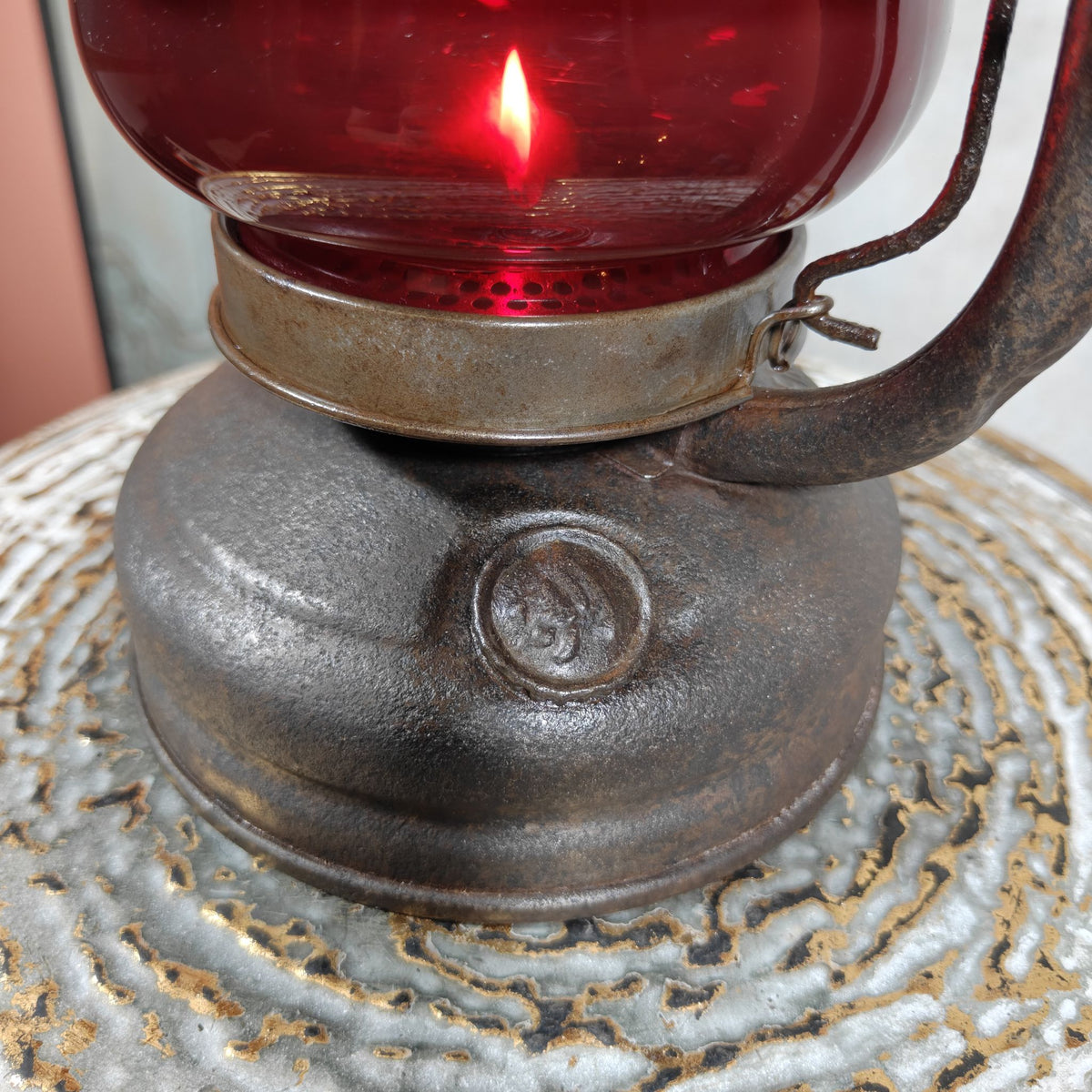 Beautiful Feuerhand 201 Hurricane Lantern from the 1920s, with Rare Red Glass Bearing the Feuerhand Logo