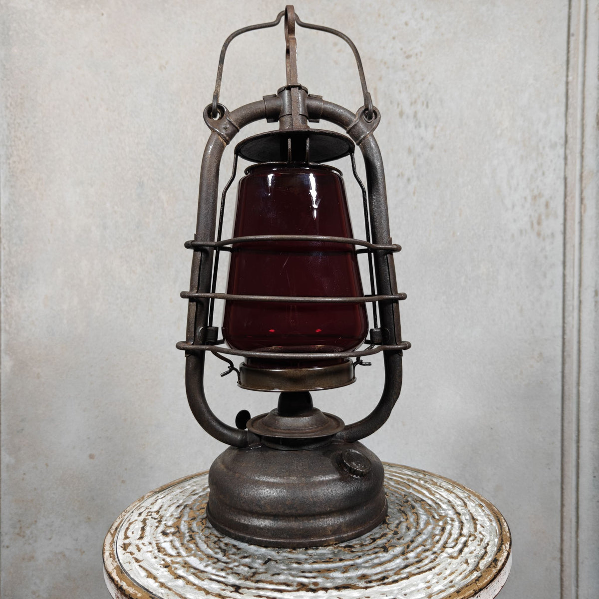 Beautiful Feuerhand 201 Hurricane Lantern from the 1920s, with Rare Red Glass Bearing the Feuerhand Logo