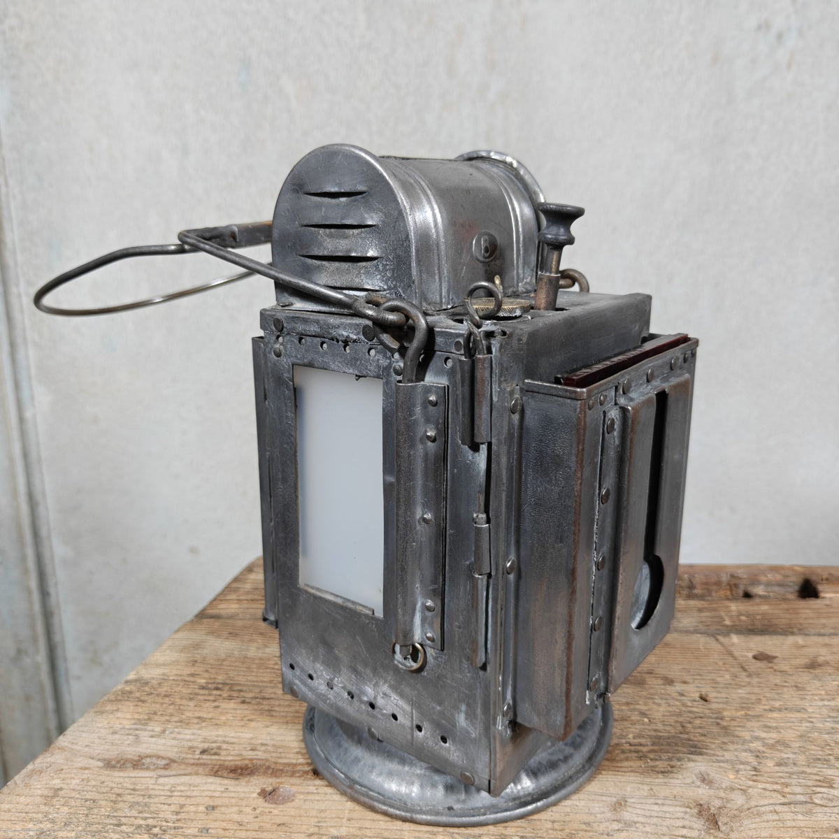 Special Belgian Carbide Signal Lamp – Orlians & Co, Mechelen, Belgium, 1948. Unusually made of steel; most are brass.