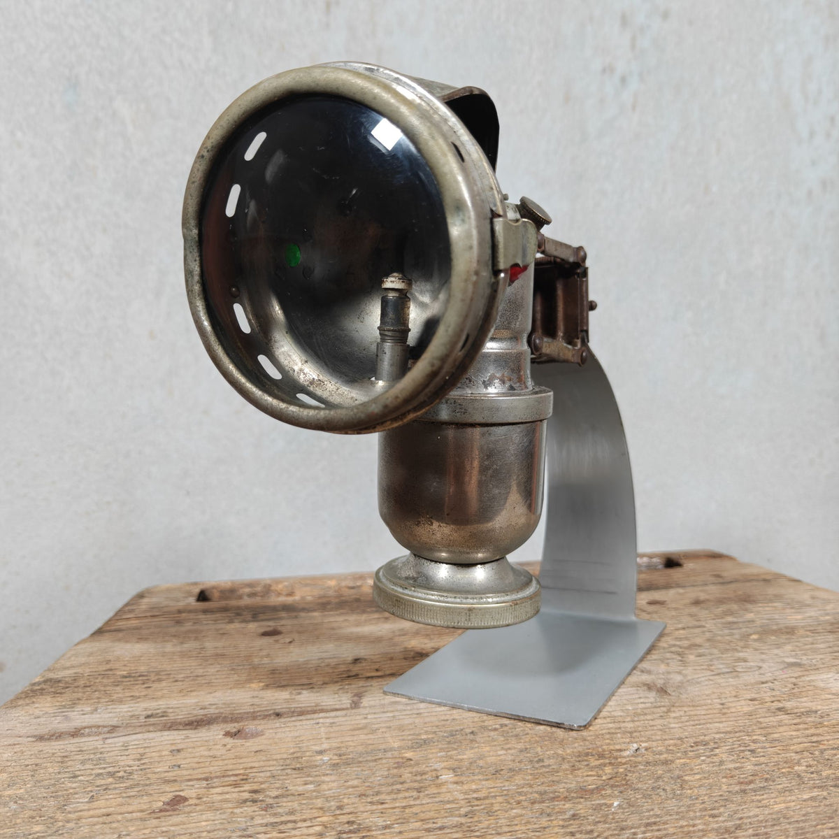 Antique Claridge Carbide Bicycle Lamp – Nickel, Red & Green Side Prisms, on Custom Stand