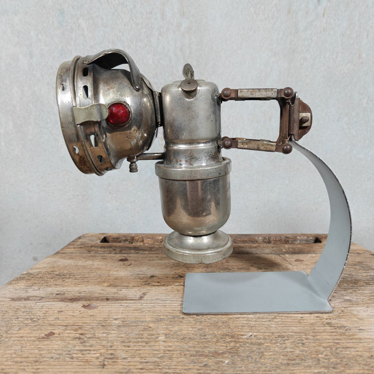 Antique Claridge Carbide Bicycle Lamp – Nickel, Red & Green Side Prisms, on Custom Stand