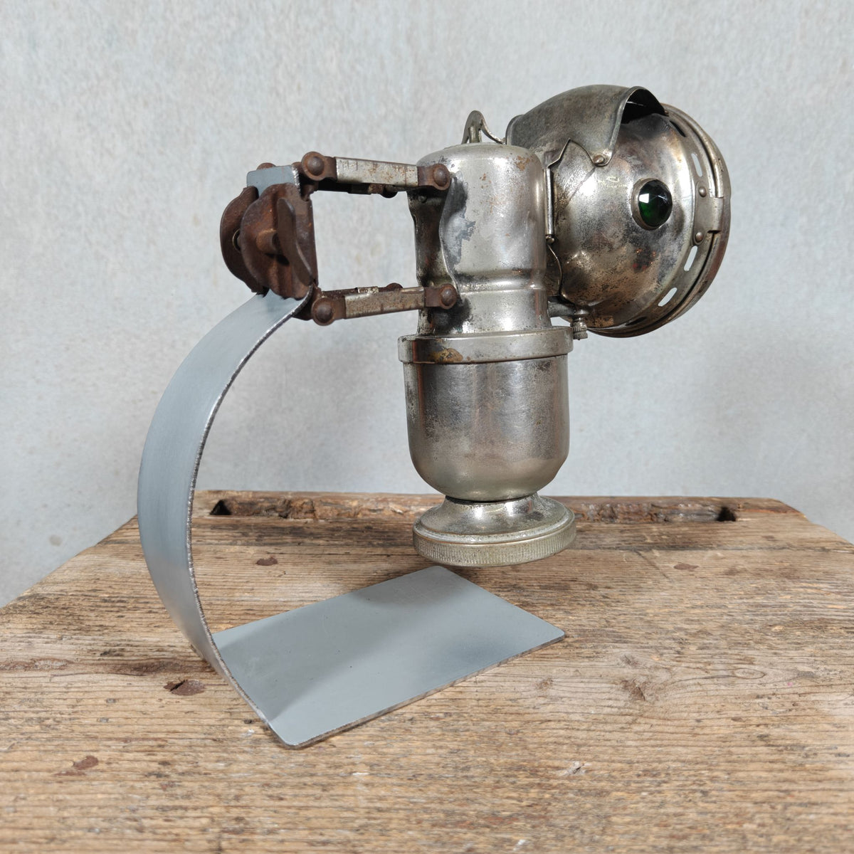Antique Claridge Carbide Bicycle Lamp – Nickel, Red & Green Side Prisms, on Custom Stand