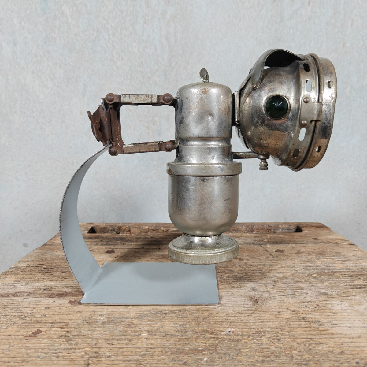 Antique Claridge Carbide Bicycle Lamp – Nickel, Red & Green Side Prisms, on Custom Stand