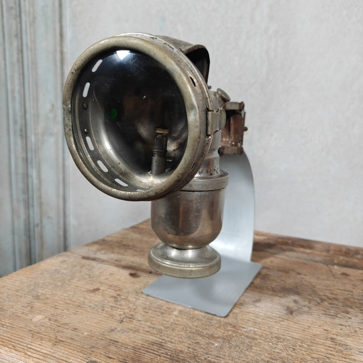 Antique Claridge Carbide Bicycle Lamp – Nickel, Red & Green Side Prisms, on Custom Stand