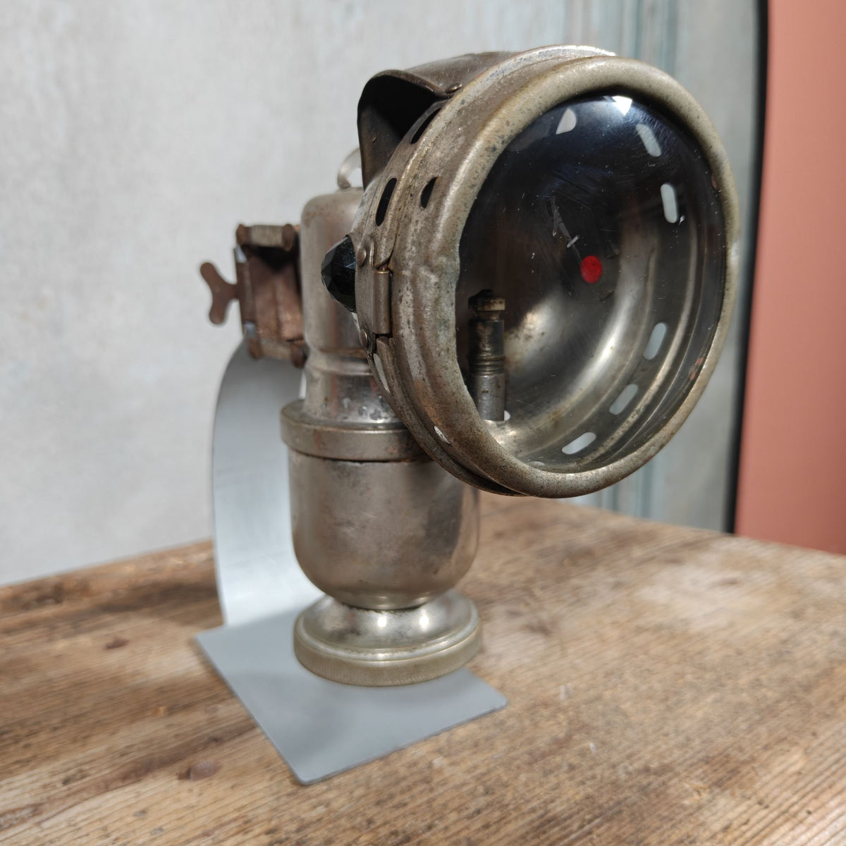 Antique Claridge Carbide Bicycle Lamp – Nickel, Red & Green Side Prisms, on Custom Stand