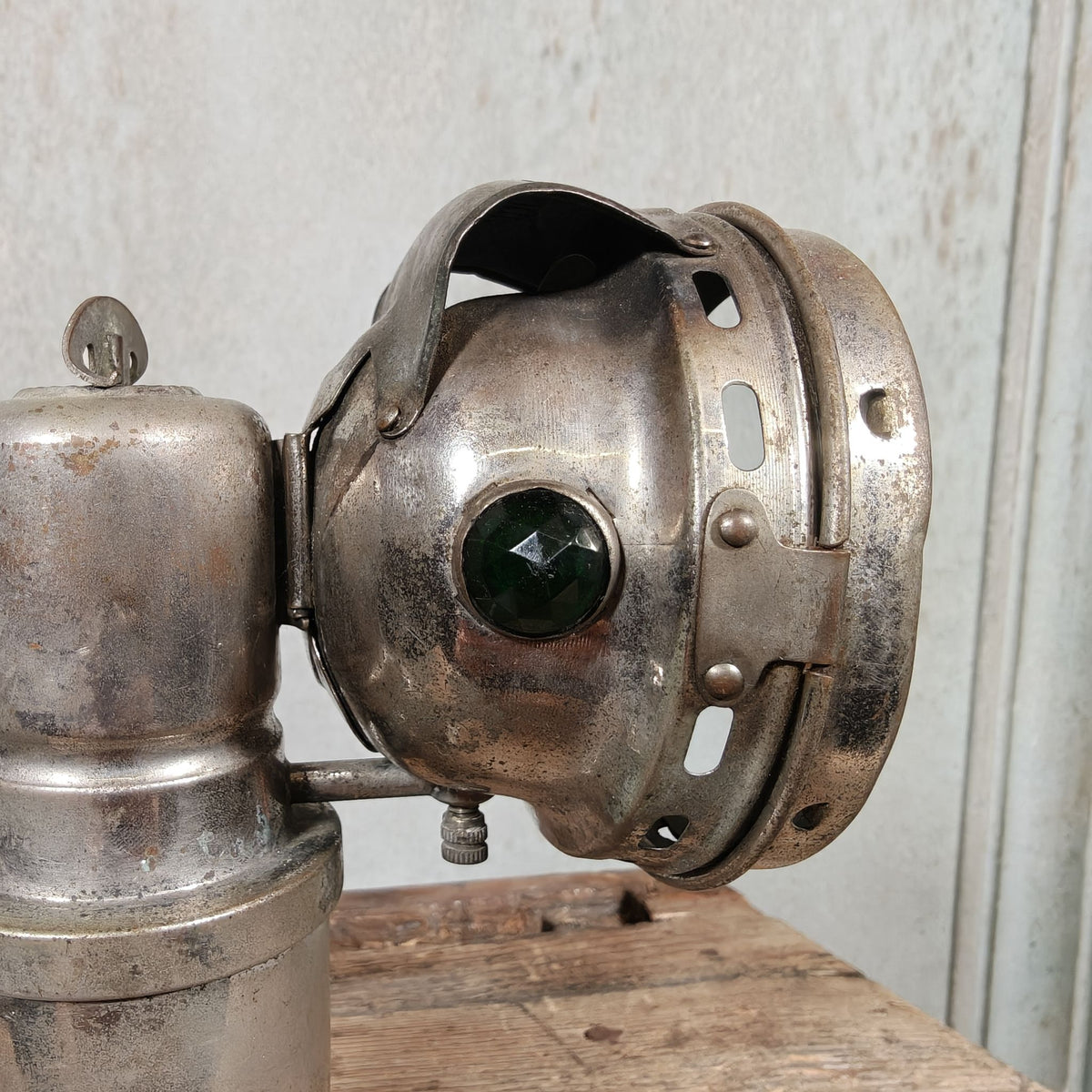 Antique Claridge Carbide Bicycle Lamp – Nickel, Red & Green Side Prisms, on Custom Stand
