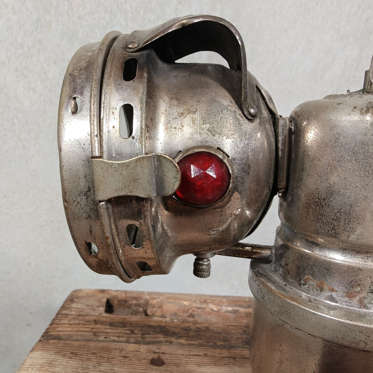 Antique Claridge Carbide Bicycle Lamp – Nickel, Red & Green Side Prisms, on Custom Stand