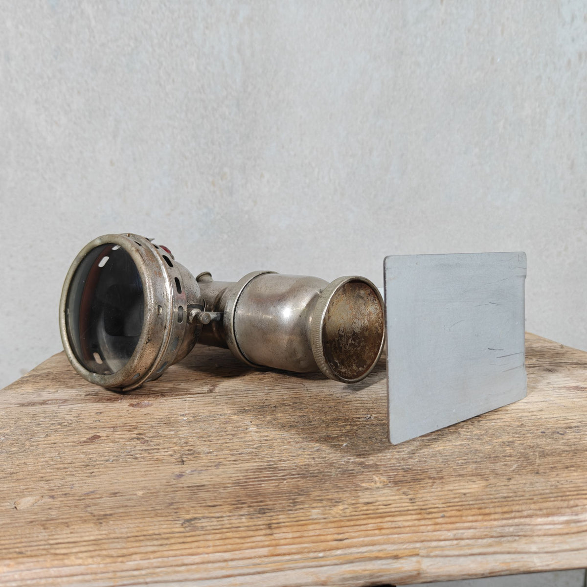 Antique Claridge Carbide Bicycle Lamp – Nickel, Red & Green Side Prisms, on Custom Stand