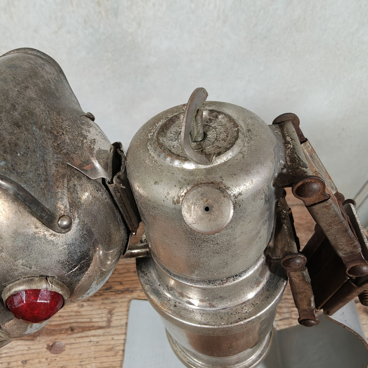 Antique Claridge Carbide Bicycle Lamp – Nickel, Red & Green Side Prisms, on Custom Stand