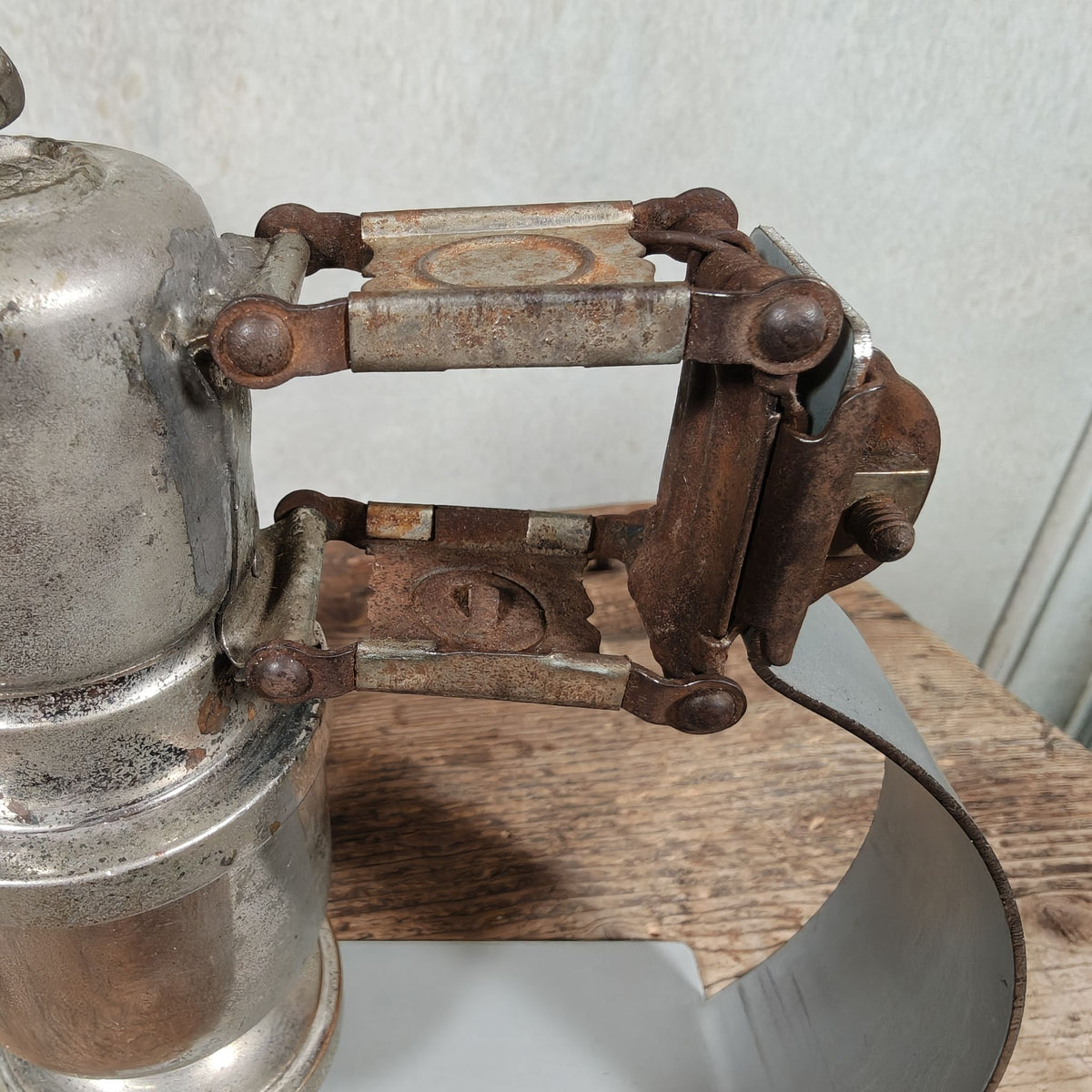 Antique Claridge Carbide Bicycle Lamp – Nickel, Red & Green Side Prisms, on Custom Stand