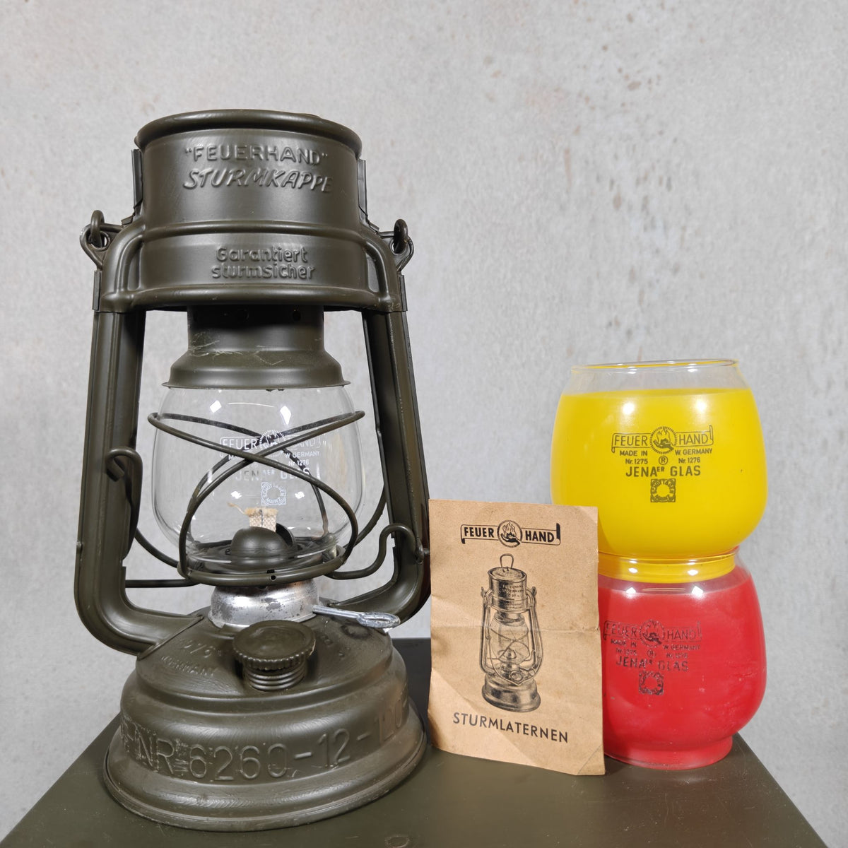 Vintage Feuerhand 276 Bundeswehr Hurricane Lantern Set in Metal Case – NOS, Two Coloured Spare Glasses, Manual