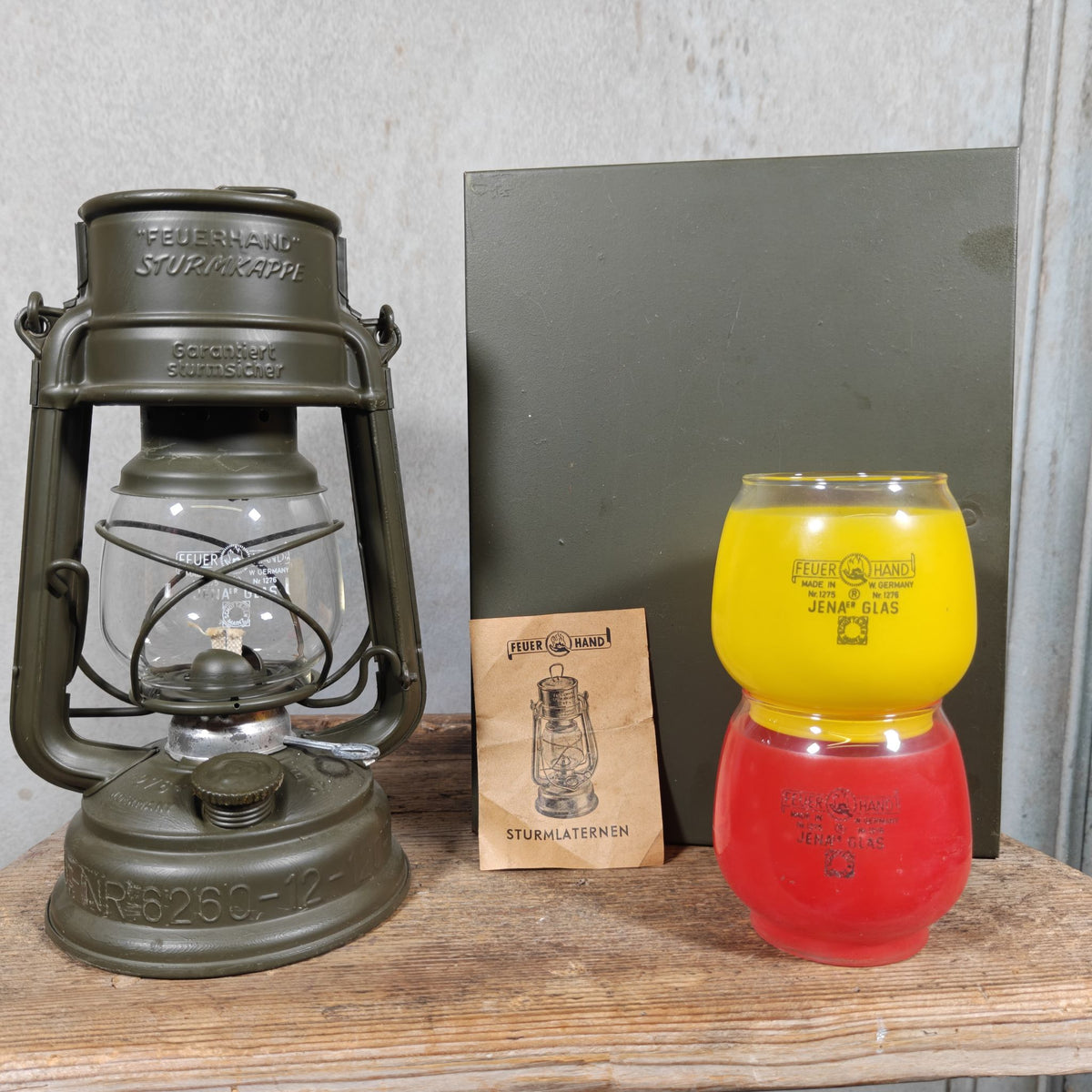 Vintage Feuerhand 276 Bundeswehr Hurricane Lantern Set in Metal Case – NOS, Two Coloured Spare Glasses, Manual