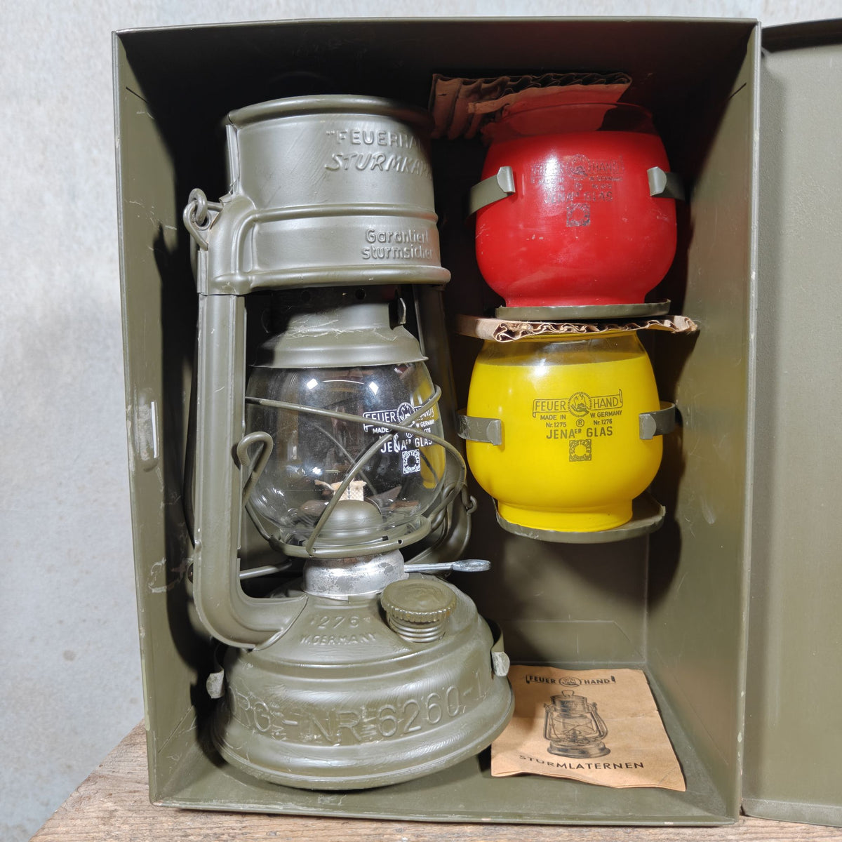 Vintage Feuerhand 276 Bundeswehr Hurricane Lantern Set in Metal Case – NOS, Two Coloured Spare Glasses, Manual