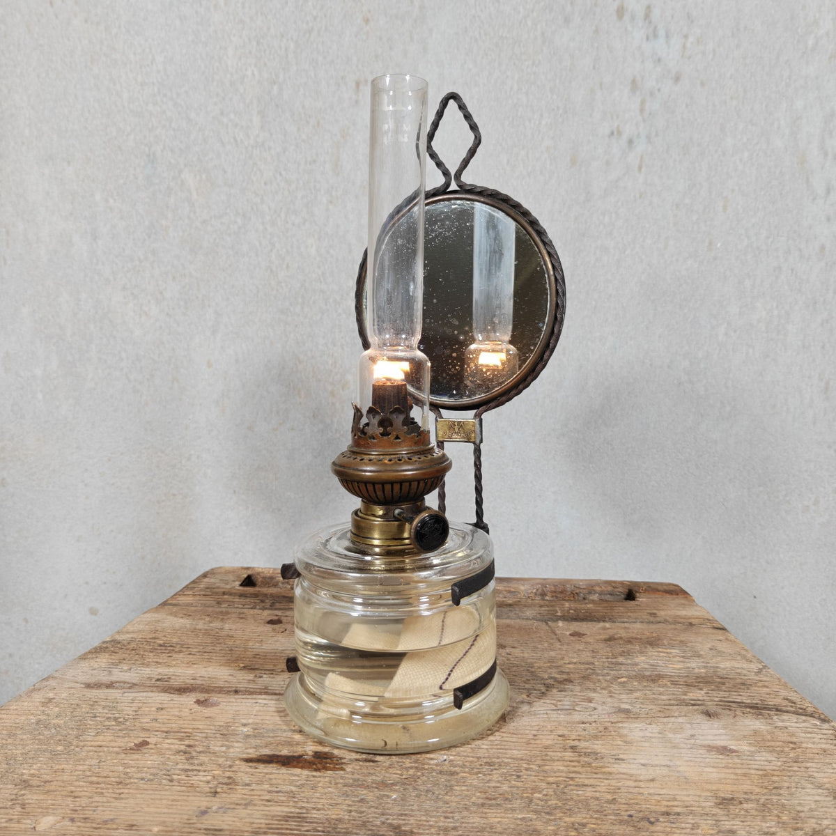 Antique Fr. Stübgen & Co Kitchen Lamp – German Wall Oil Lamp with Bat Logo and Mirror Reflector, c. 1900–1920