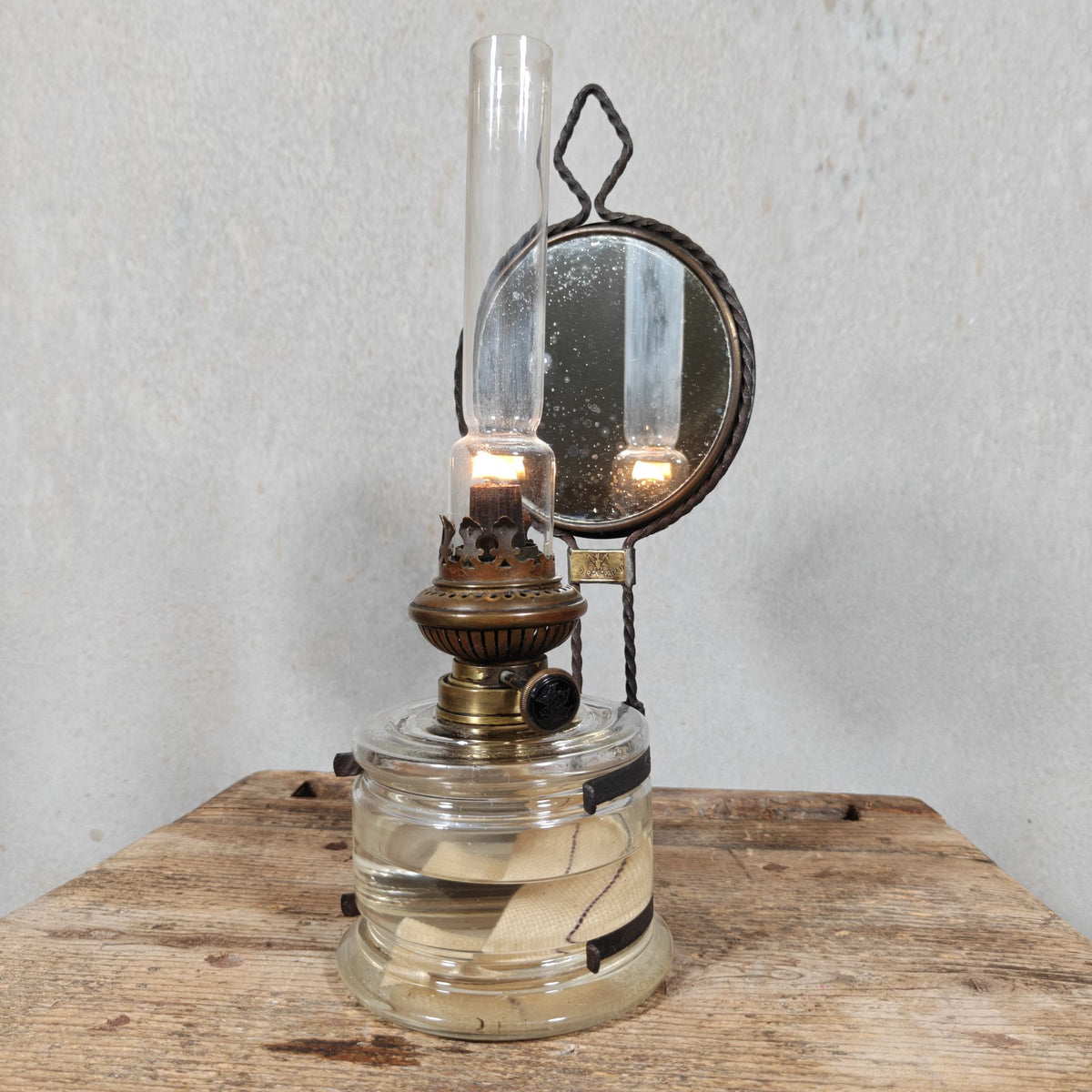 Antique Fr. Stübgen & Co Kitchen Lamp – German Wall Oil Lamp with Bat Logo and Mirror Reflector, c. 1900–1920