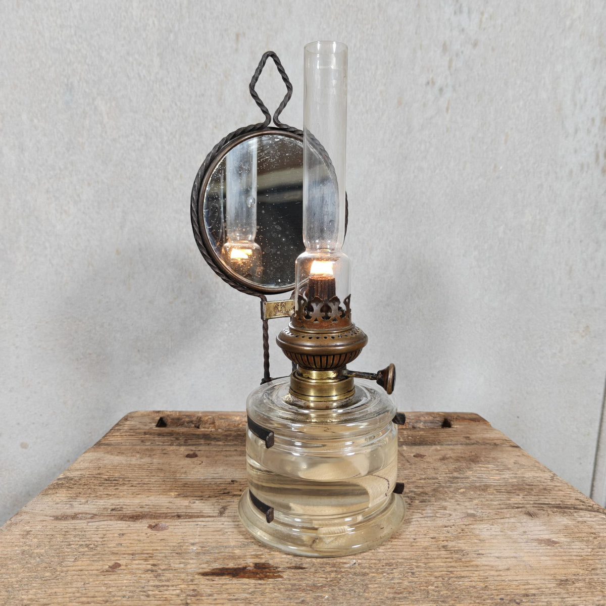 Antique Fr. Stübgen & Co Kitchen Lamp – German Wall Oil Lamp with Bat Logo and Mirror Reflector, c. 1900–1920