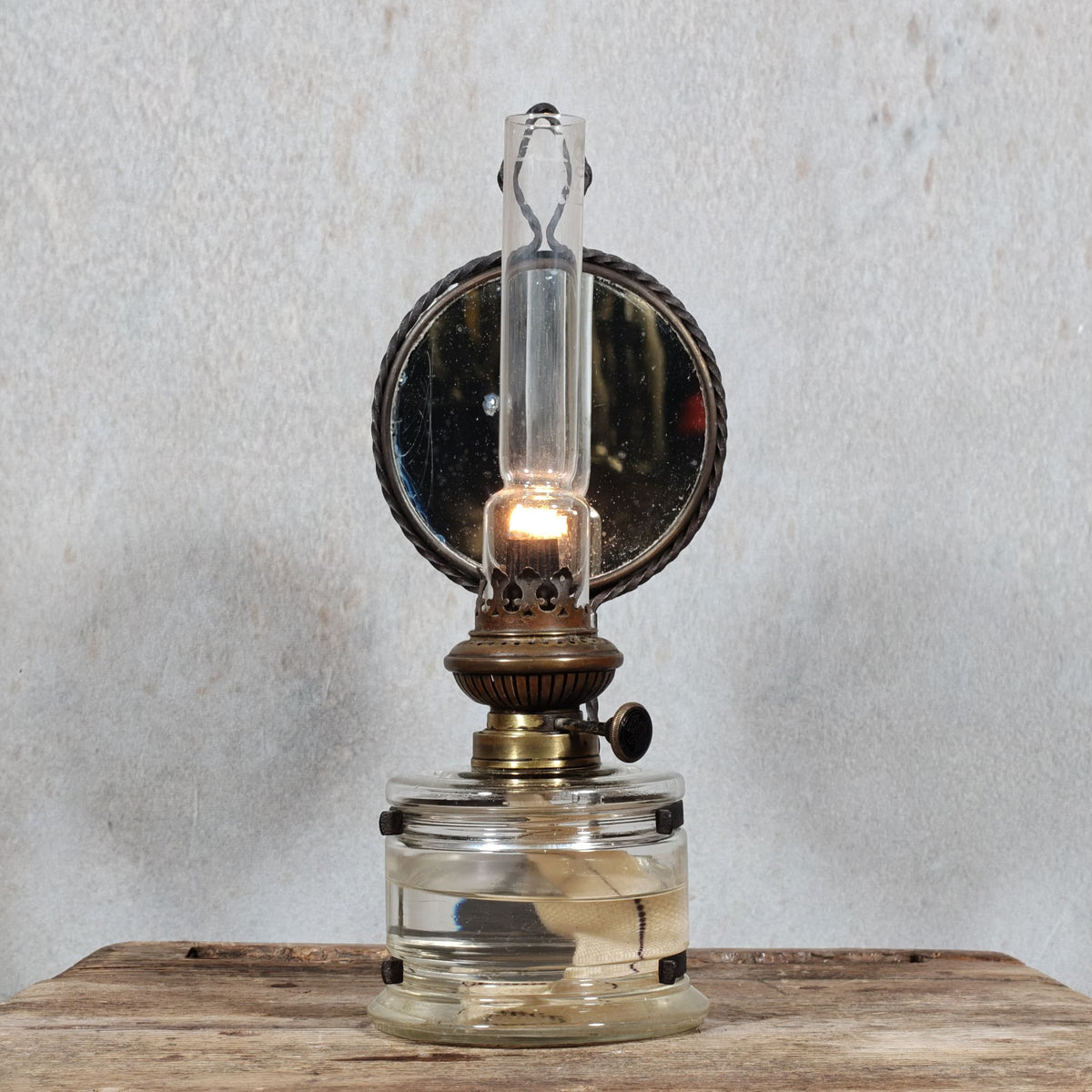 Antique Fr. Stübgen & Co Kitchen Lamp – German Wall Oil Lamp with Bat Logo and Mirror Reflector, c. 1900–1920
