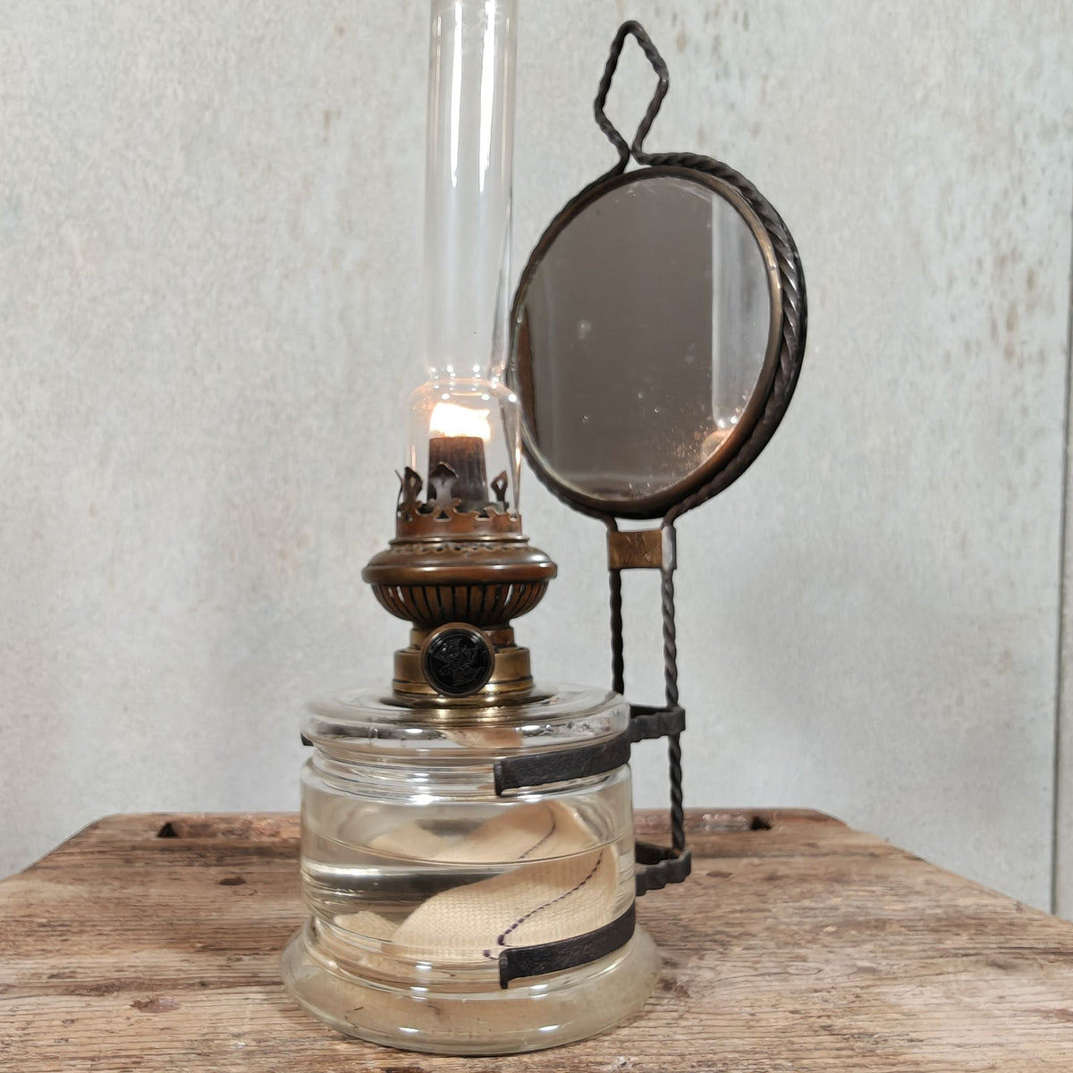 Antique Fr. Stübgen & Co Kitchen Lamp – German Wall Oil Lamp with Bat Logo and Mirror Reflector, c. 1900–1920