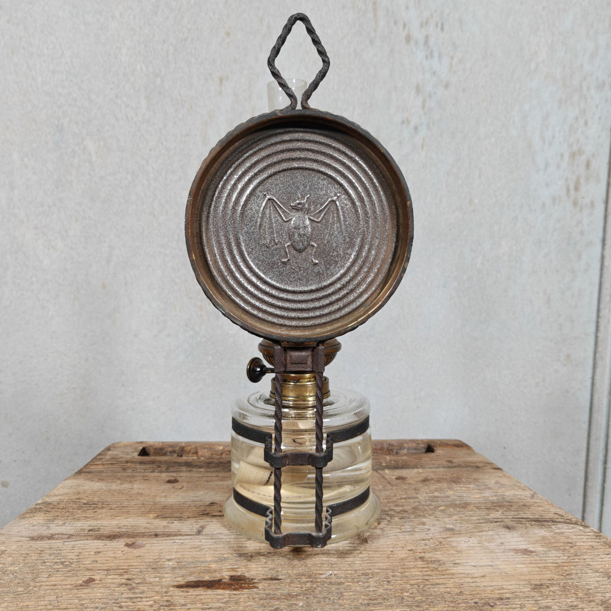 Antique Fr. Stübgen & Co Kitchen Lamp – German Wall Oil Lamp with Bat Logo and Mirror Reflector, c. 1900–1920