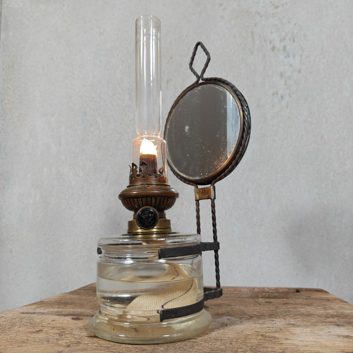 Antique Fr. Stübgen & Co Kitchen Lamp – German Wall Oil Lamp with Bat Logo and Mirror Reflector, c. 1900–1920