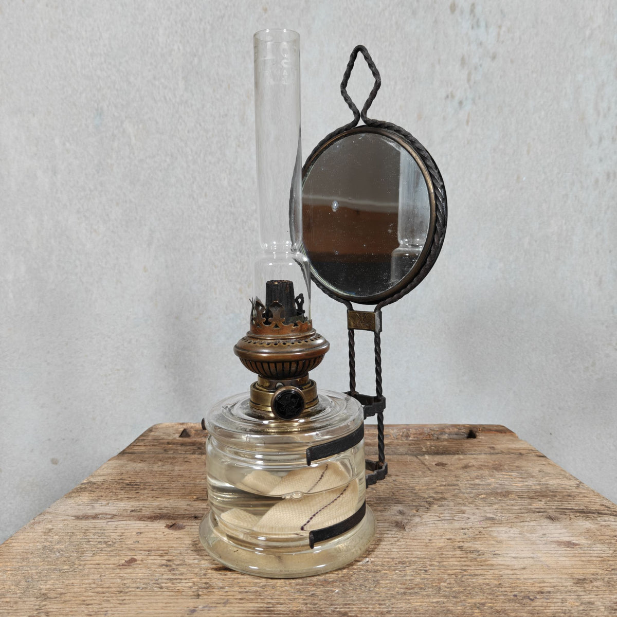 Antique Fr. Stübgen & Co Kitchen Lamp – German Wall Oil Lamp with Bat Logo and Mirror Reflector, c. 1900–1920